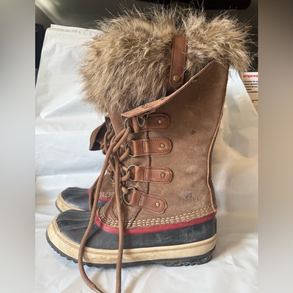 Sorel Joan of Arctic Brown Umber Red Dahlia Snow Boots Fur Size 7 - Picture 2 of 8